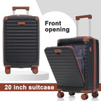 5 Piece Luggage Set w/TSA Locks & USB Port, Front Opening Hard Shell Luggage Sets, Expandable Suitcase Set with Wheels and Cup Holder(20"/24"/28") (Black Brown)