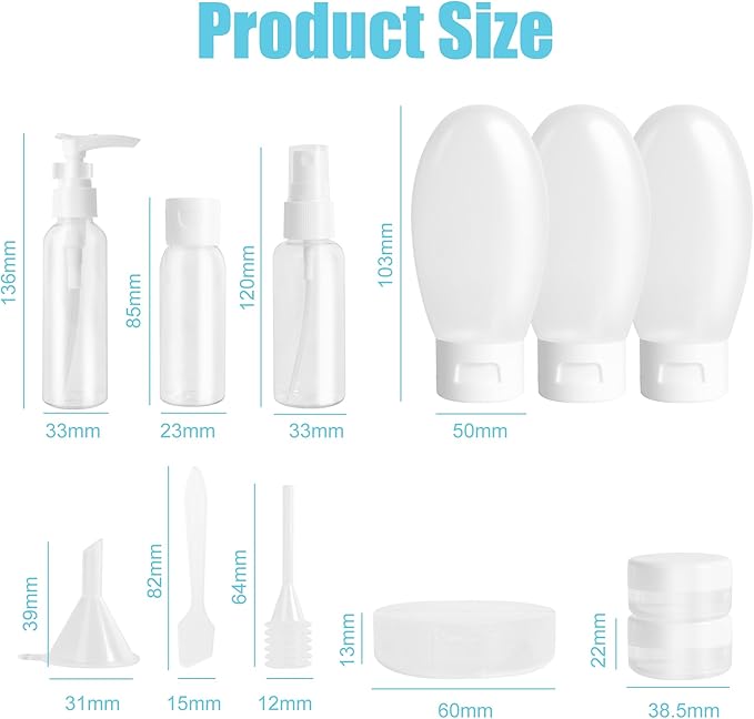Travel Bottles Set for Toiletries 13Pcs Travel Size Silicone Containers with Labels 60ml Leak Proof Travel Containers for Toiletries Refillable Squeezable Shampoo Conditioner Bottles (White)