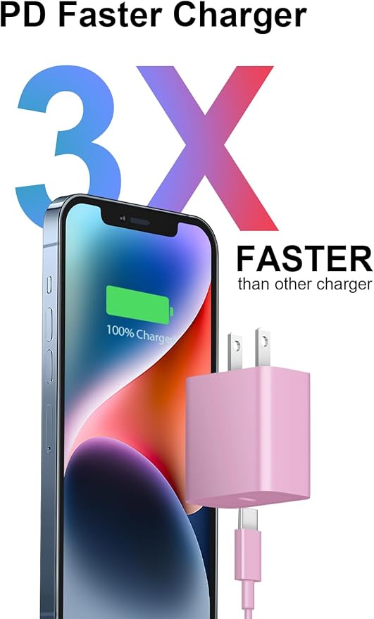 10FT iPhone 14 13 12 Charger Fast Charging 20W PD USB C Wall Charger with 10FT Fast Charging Cable Compatible iPhone 14/13/12/11/Pro/Pro Max/Mini/Xs Max/XR/X, iPad - Pink