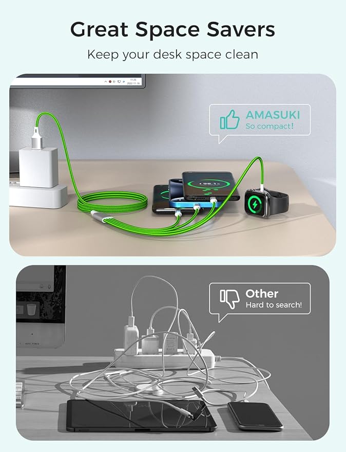 2Pack Multi Charging Cable for Apple Watch Charger 4 in 1 Travel Essentials RV Camping Essentials USB C/L/Micro Compatible with iWatch Series 11-1/iPhone 17/16/15/Android Airplane Gadgets-4FT/Green