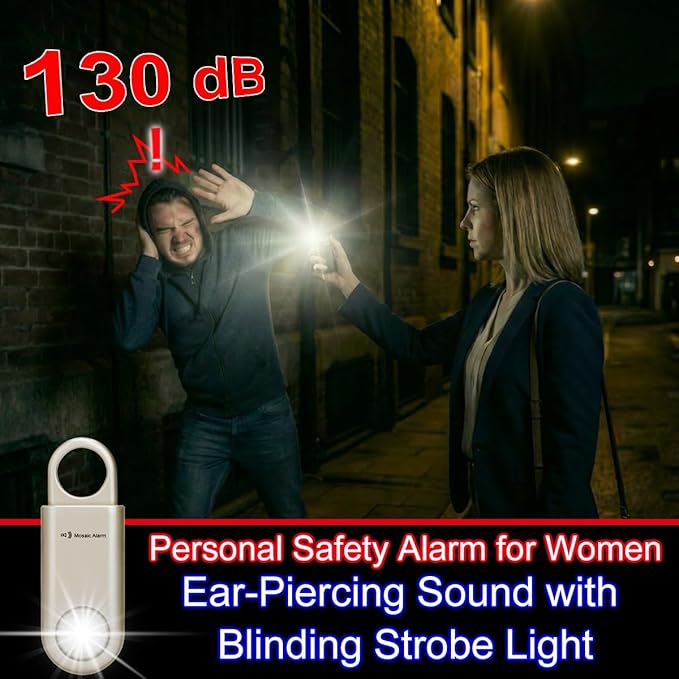 130dB Personal Safety Alarm Ultra Bright Strobe Light. Loud Sound Keychain Siren for Women, School Children, Night Runners, Hiking. Bear Alarm Deterrent. SOS Emergency Self Defense Alerts. Gold