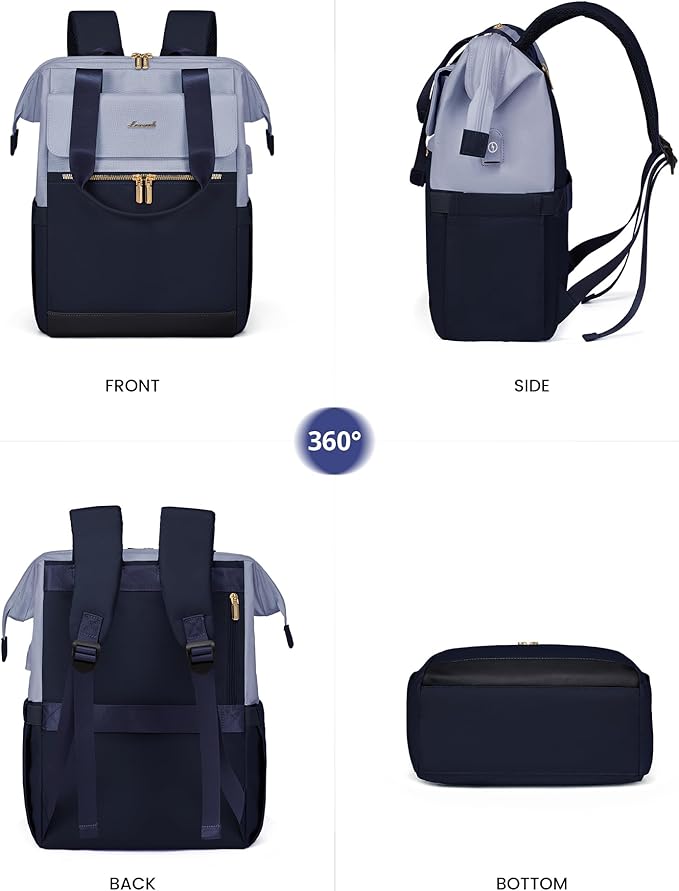 LOVEVOOK Laptop Backpack for Women, 15.6 Inch Work Laptop Bag with USB Port, Fashion Teacher Nurse Backpack Purse, Waterproof Travel Computer Backpack with Organizer Bag, 2PCS, Grey Blue-Ink Blue