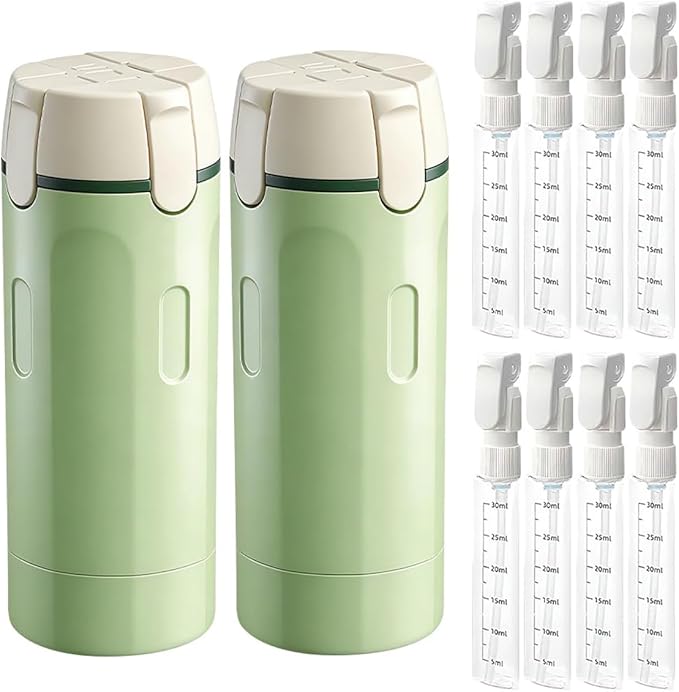 4 in 1 Travel Dispenser, Travel Bottles for Toiletries, Squeeze Leak Proof Dispenser Bottles with Scale and Label for Shampoo Lotion Shower Gel, Suitable for Travel, Camping and Gym(2 PC, Green)