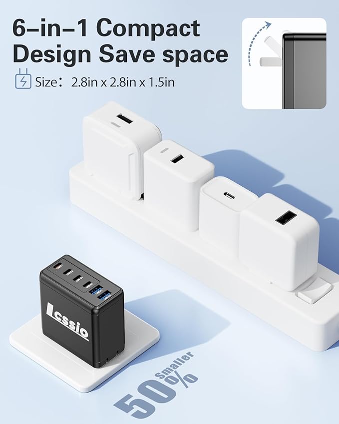 2 Pack 200W USB C Charger with 4 USB Cables, 6-Port Wall Charger, Laptop Fast Charger Type C Charging Block for MacBook Pro, Dell XPS, iPhone 17, iPad, Tablet, Chromebook Black