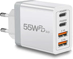 European Travel Plug Adapter USB C, 55W USB C European Charger 4-Port Fast Charger Type C Wall Charger USA to Europe Plug Adapter for iPhone 17 16 15 14 13 12 11 Pro Max X 8, Galaxy, Android