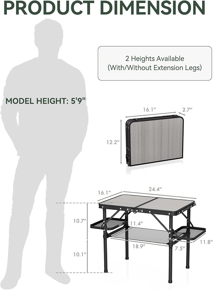 Titanker Folding Camping Table 2ft, Small Folding Camp Table Portable with 50% Extra Space, Small Picnic Table, Portable Beach Desk, Car Camping Essentials, Aluminum Light & Solid