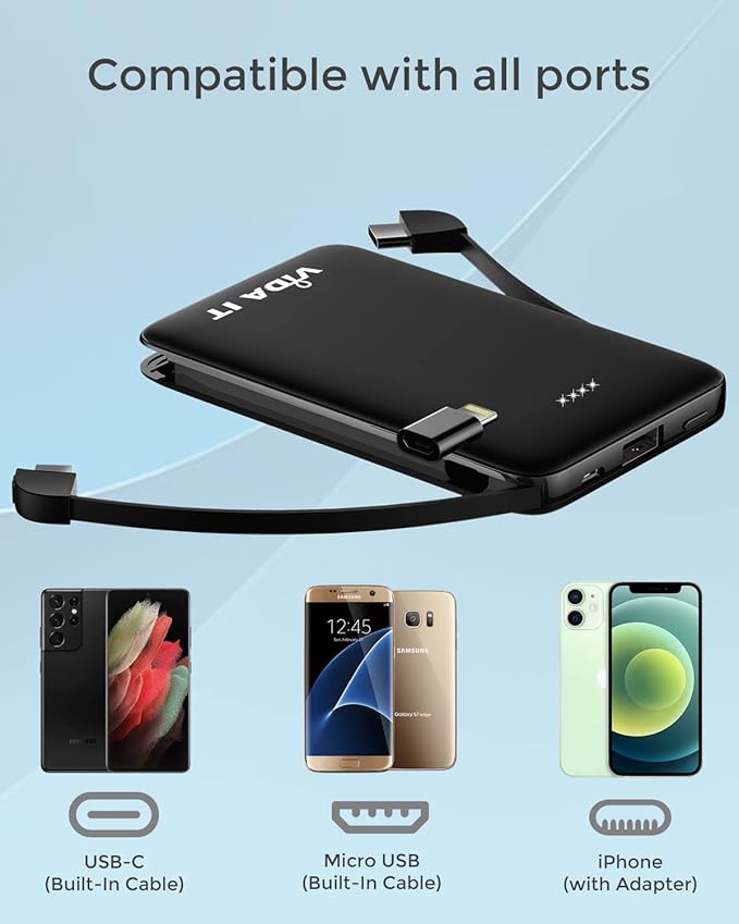 Compact Power Bank Portable Battery Pack for Heated Clothing Vest Jacket Hoodie 5000mAh Pocket Size Portable Charger for iPhone Android Cellphone Portable Battery Charger with Built-In Cable USB/USB-C