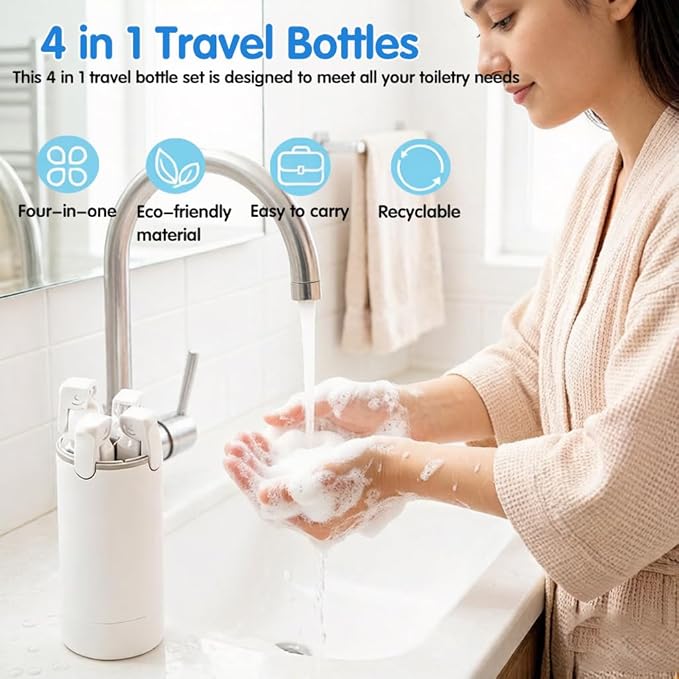 4 in 1 Travel Dispenser Bottle, 4-in-1 Refillable Travel Dispenser Bottles, 4 Pack 30ML Travel Bottles for Toiletries, 2026 New Portable Travel Containers for Shampoo Lotion Conditioner (White)