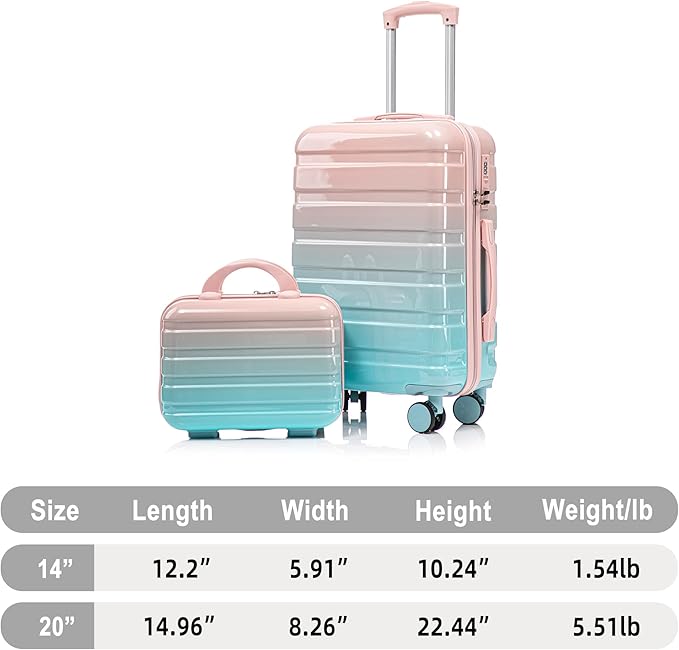 20 Inch Carry on Luggage with 14 Inch Cosmetic Case, 2 Pcs Hardshell Lightweight Durable Spinner Suitcase Set for Travel, Women, Men, TSA Lock, ABS, 20+14 Inch, Blue Pink