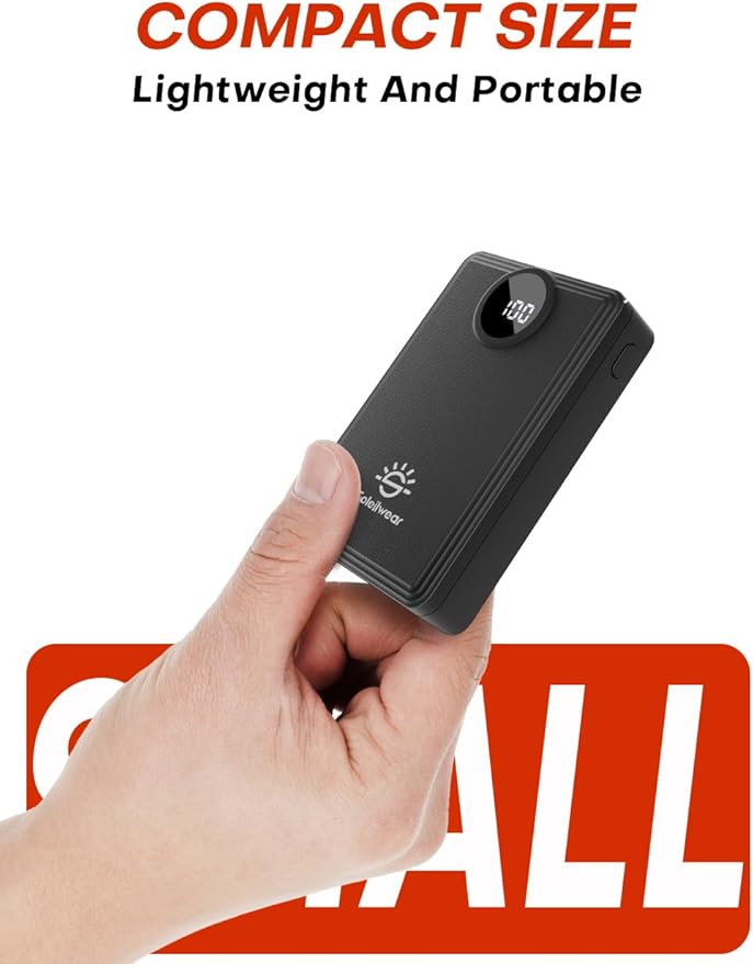 Soleilwear Power Bank for Heated Vest 12000mAh/5V, Portable Charger Battery Pack, Compatible Heated Vest, Heated Clothes and Electronic Devices, TSA Friendly