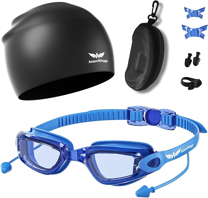 7 in 1 Swim Goggles + Swim Cap for Men Women,No Leak Anti-Fog & UV, Wide Visio HD Mirror PC Lens