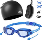 7 in 1 Swim Goggles + Swim Cap for Men Women,No Leak Anti-Fog & UV, Wide Visio HD Mirror PC Lens