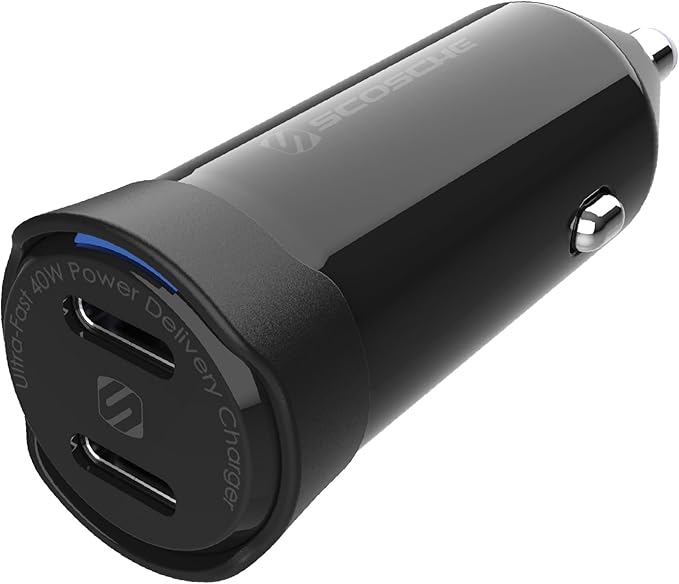 Scosche CPDCC40M PowerVolt 40W Certified Dual Port USB-C Car Charger, Flush Cigarette Lighter Adapter, Fast Charging Car Plug for 12V Power Outlet Compatible with iPhone, Galaxy and All USB-C Devices
