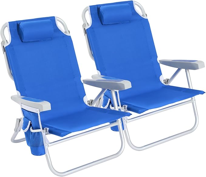 SUNNYFEEL Low Beach Chair 2 Pack, 5-Position Lay Flat Reclining, Backpack Portable Folding Chairs with Cooler Bag & Cup Holder, Heavy Duty 350 LBS, Compact for Beach, Camping, Travel