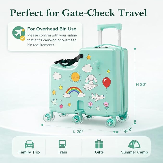 Ride-On Suitcase for Kids Carry On Luggage, Hard Shell Kids Travel Suitcase with 6 Spinner Wheels, TSA Lock, Safety Belt, Foldable Pedal & Cup Holder, Kids Riding Luggage, Green
