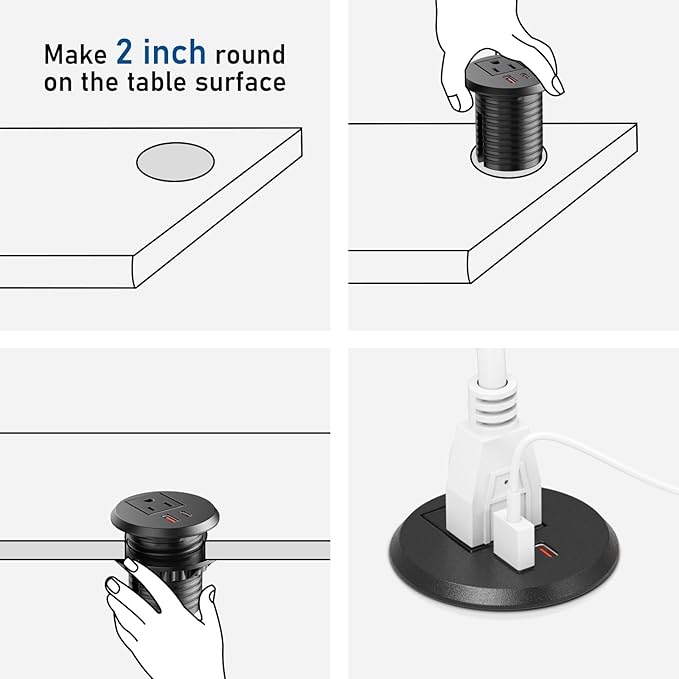 Desktop Power Grommet, 2 inch, USB C PD 20W Fast Charging Station, Desk Hole Outlet,ETL Listed (2, 6 FT Cable)