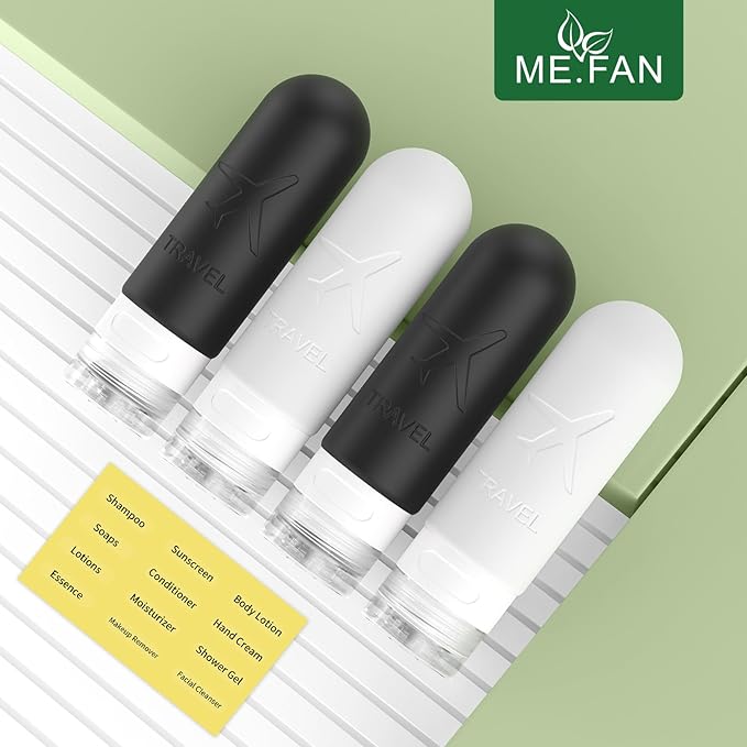ME.FAN Travel Bottles for Toiletries, TSA Approved 3oz Travel Size Containers, Silicone Squeezable Portable Split Bottle, Travel Accessories for Conditioner, Shampoo, Lotion- 4 Pack Black/White