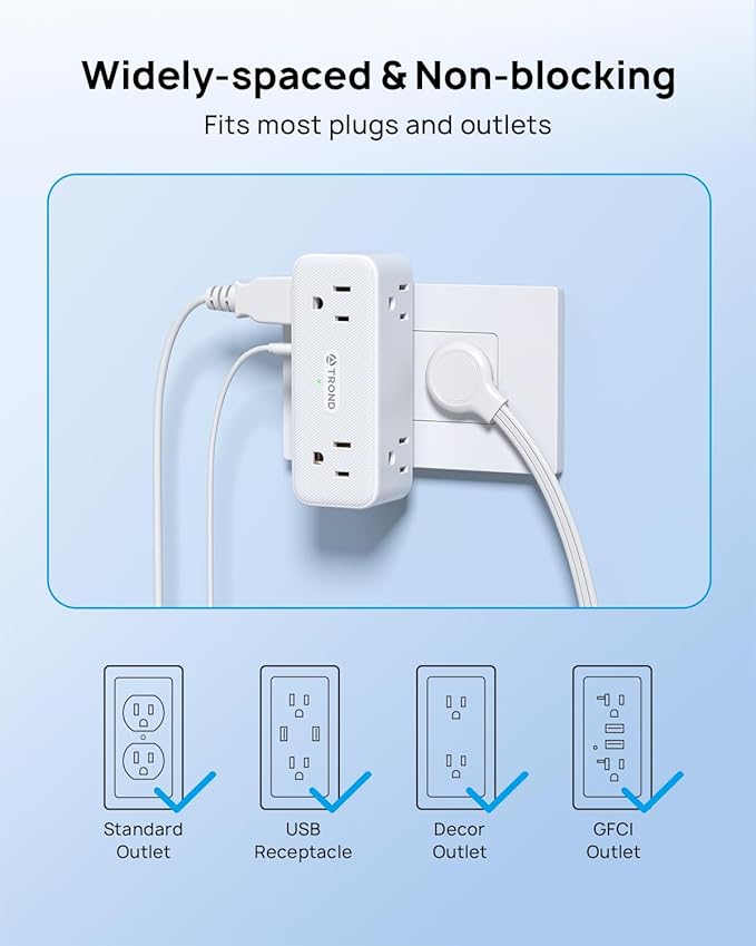 TROND Outlet Extender Surge Protector with 360 Rotating Plug, Multi Plug Wall Outlet with 6 Grounded Sockets and PD20W USB C Charger, 900J, Sideways Plug Adapter for Tight Space in Kitchen Bathroom