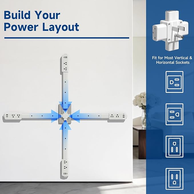 Electrical Outlet Extender Stick - Modular Expandable Power Extender with 2 AC Outlets & 3 USB Ports, for Behind Furniture