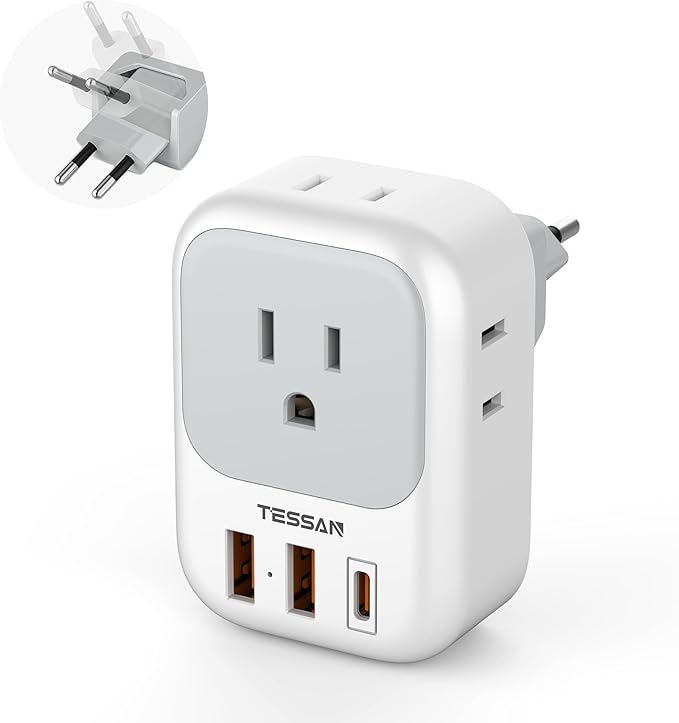 TESSAN European Travel Plug Adapter, Europe Adapter with 4 Outlets and 3 USB(1 USB C PD 20W), International Foldable Plug Type C Power Adaptor for EU Spain France Italy Germany Portugal Iceland