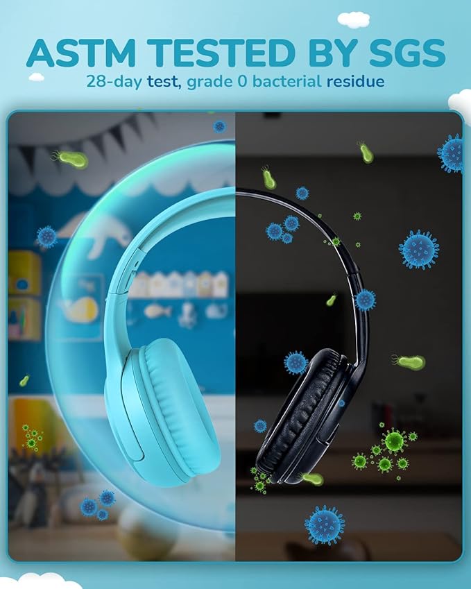 awatrue Kids Headphones for School Travel, 85/94dB Safe Volume Limit, 3.5mm Jack, HD Mic, Portable Wired Headphone with Shareport, Stereo Sound On-Ear Headphones for Toddler Kids Girls Boys Blue