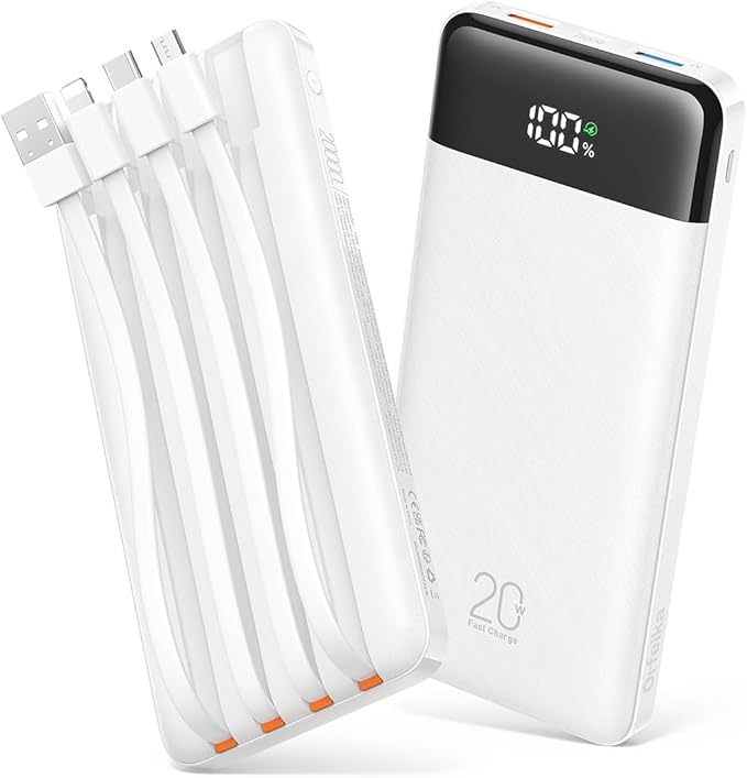 Orfeika 20000mAh Power Bank Fast Charging, Portable Charger with 4 Built-in Cables & 6 Outputs, 20W PD USB C Battery Pack Compatible with iPhone 16/15, Galaxy, Android, iPad & More (Travel Essential)