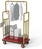 Gold Hotel Luggage Cart,42"x24" Bellman Cart with Baffle Guardrail and 6In Caster Weight Capacity Up to 850LBS Provide Convenience to Guest Gold Finished Hotel Cart Add Elegance to Hotel&Resort
