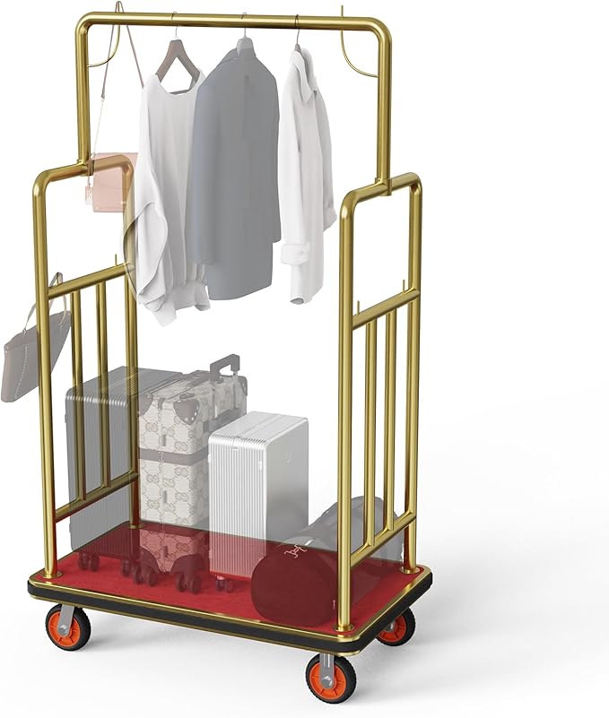 Gold Hotel Luggage Cart,42"x24" Bellman Cart with Baffle Guardrail and 6In Caster Weight Capacity Up to 850LBS Provide Convenience to Guest Gold Finished Hotel Cart Add Elegance to Hotel&Resort