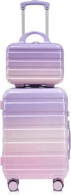 20 Inch Carry on Luggage with 14 Inch Cosmetic Case, 2 Pcs Hardshell Lightweight Durable Spinner Suitcase Set for Travel, Women, Men, TSA Lock, ABS, 20+14 Inch, Pink Purple