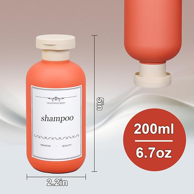 ASEVAT 6.7oz Airtight Plastic Travel Shampoo Bottles, Travel Shampoo and Conditioner Bottles Refillable, Empty Squeeze Bottle, Hand Soap Dispenser for Vacation, Gym, Lotion(OrangeGrey)
