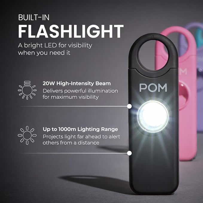 POM Personal Safety Alarm for Women – 130dB Loud Emergency Siren, USB-C Rechargeable with Bright LED Flashlight, Portable Keychain Design for Self Defense, Purse, Backpack & Travel (Black)