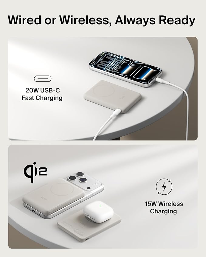 Belkin MagSafe Power Bank 5,000mAh, Ultra-Slim Qi2 15W Certified Magnetic Back Supports MagSafe Accessories On-the-Go, Wireless Battery Pack w/USB C Cable for iPhone 17, Pixel 10, Travel - Sand