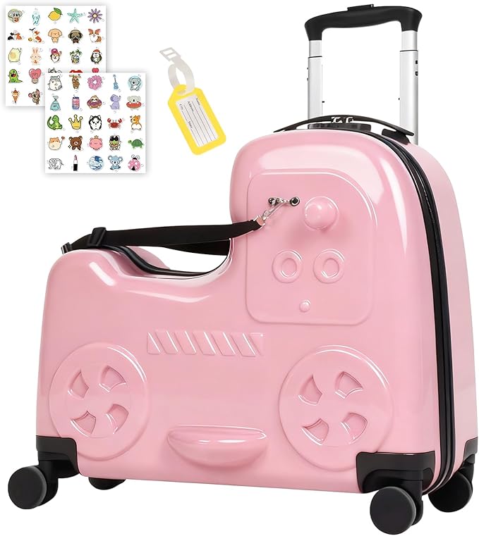 smilesun 22" Kids Ride-On Suitcase with Safety Strap, Multifunctional Kids' Luggage with Double Spinner Wheels, Durable and Lightweight for Boys and Girls Ages 2-10（Pink）