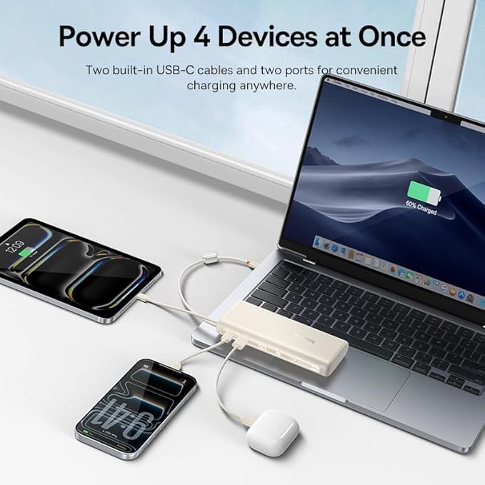 Baseus Portable Charger with Built in Cable, 100W Laptop Power Bank 20000mAh Bundle with PICOGO 67W USB C Charger, Smallest 3 Port Fast Charging Block with Foldable Plug