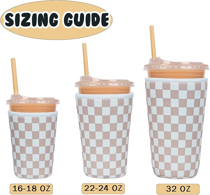 Reusable Insulated Neoprene Iced Coffee Cup Sleeve, Durable Drink Sleeve for Cold Beverages, Beverage Holder for Iced Coffee, Classic Checker