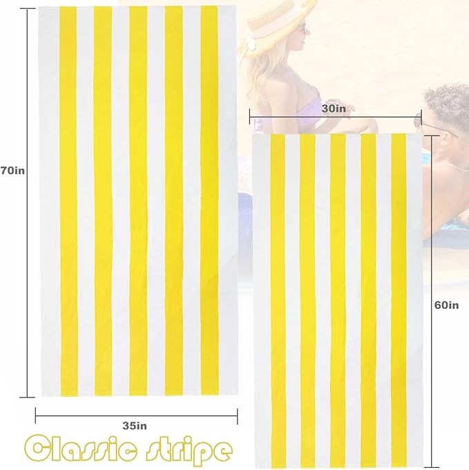 Exclusivo Mezcla 4 Pack Cotton Oversized 35x70 Inches Soft Cabana Stripe Thick Beach Towel, Super Absorbent Travel Bath Pool Towel (Yellow)