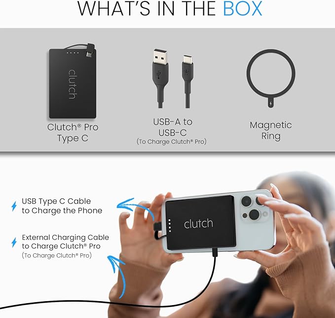 Clutch Pro – World's Thinnest Portable Charger – USB-C Power Bank 5000mAh – Magnetic Built-in Cable – TSA Approved Travel Charger – iPhone 15/16/17 & Android – Black