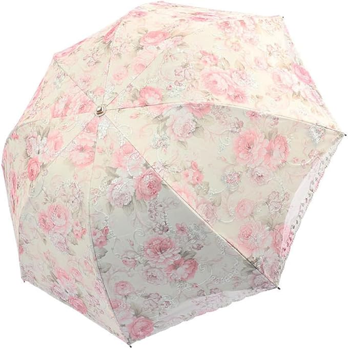 Floral Lace Folding Compact Umbrella - UV Protection Sun Flower Fancy for Women Girls, Portable Travel for Walking, Tea Party, Photo Shooting