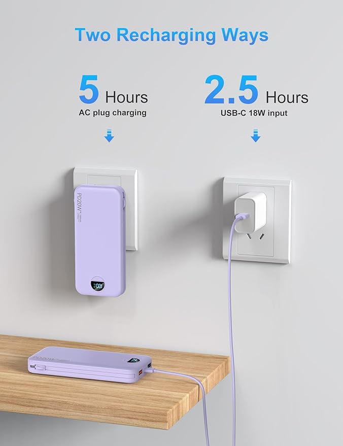 Portable Charger with Wall Plug, 10000mAh USB C Power Bank Fast Charging, External Battery Pack with Built in Cables, Digital Display, 5 Output 4 Input for iPhone Android Cell Phone Tablet