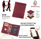 CONTACTS Full Grain Leather Passport Holder RFID Blocking Travel Passport Wallet Compatible with Airtag Passport Cover Case with 4 Cards Slots, Coin Pocket (Badge, Wine Red)