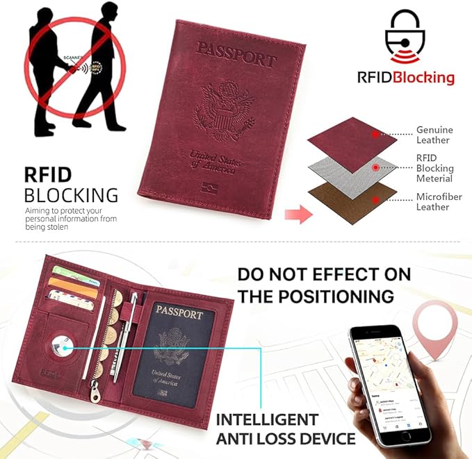 CONTACTS Full Grain Leather Passport Holder RFID Blocking Travel Passport Wallet Compatible with Airtag Passport Cover Case with 4 Cards Slots, Coin Pocket (Badge, Wine Red)