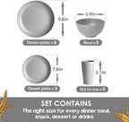 Teivio 32-Piece Kitchen Plastic Wheat Straw Dinnerware Set, Service for 8, Dinner Plates, Dessert Plate, Cereal Bowls, Cups, Unbreakable Colorful Plastic Outdoor Camping Dishes, Light Gray