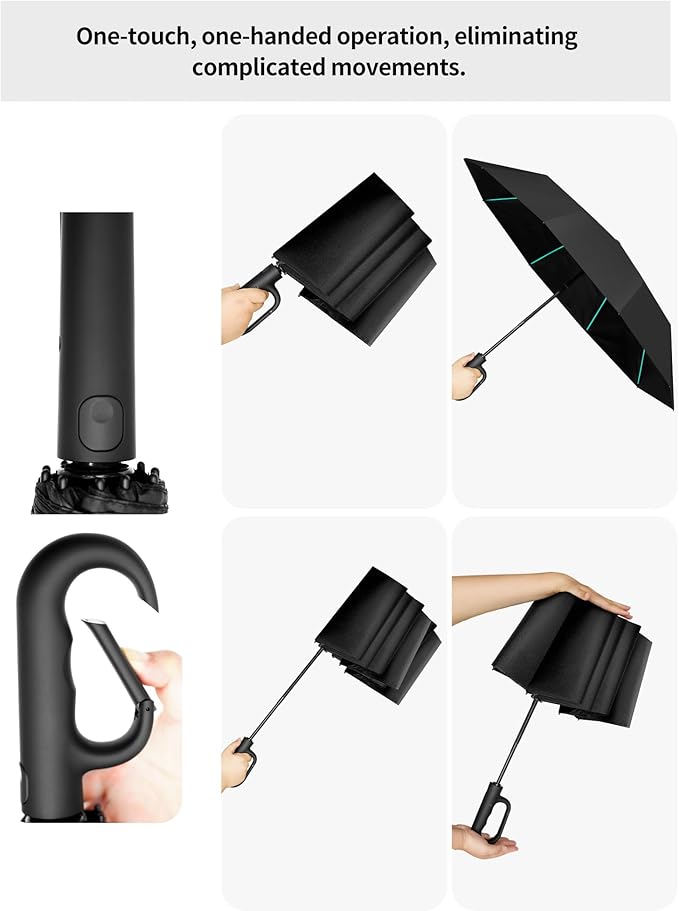42-Inch Extra Large Umbrella for 2-3 People, Windproof Automatic Open/Close with Carabiner Handle, UPF 99+ UV Protection Folding Travel Umbrella for Rain and Sun
