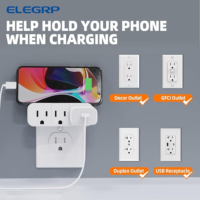 ELEGRP Triple Outlet Extender, 3-Prong Grounded Wall Tab, Multiple Outlet Extender Adapter Plug with 3 Electrical Outlets for Travel Home Hotel Office, ETL Listed, 2 Pack, White