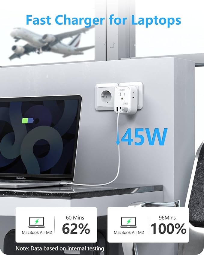 LENCENT Germany France Travel Power Adapter, PD 45W USB C Fast Charger, Schuko Type E F Plug Adaptor with 4 Outlets, Travel Essentials for US to Europe EU Spain Greece Russia Germany South Korea