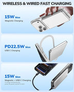 Hichain Magnetic Portable Charger, Wireless Power Bank 5000mAh Magnetic Charger for iPhone 17-12 Series, Magnetic Battery Pack Safe Wireless Charging, with 60W USB-C Charging - Silver