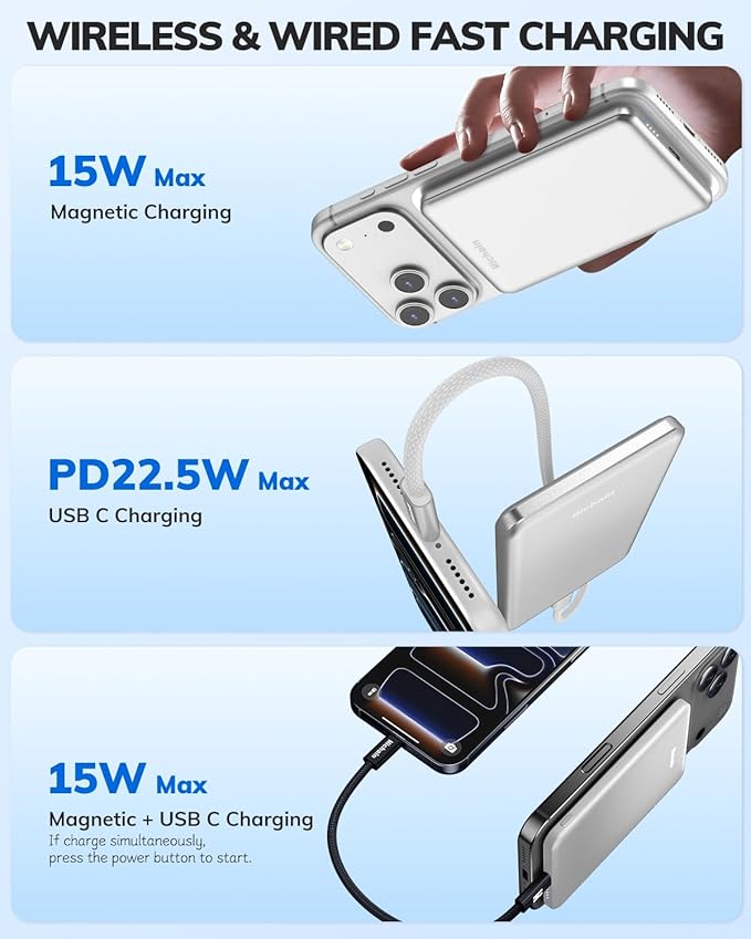 Hichain Magnetic Portable Charger, Wireless Power Bank 5000mAh Magnetic Charger for iPhone 17-12 Series, Magnetic Battery Pack Safe Wireless Charging, with 60W USB-C Charging - Silver