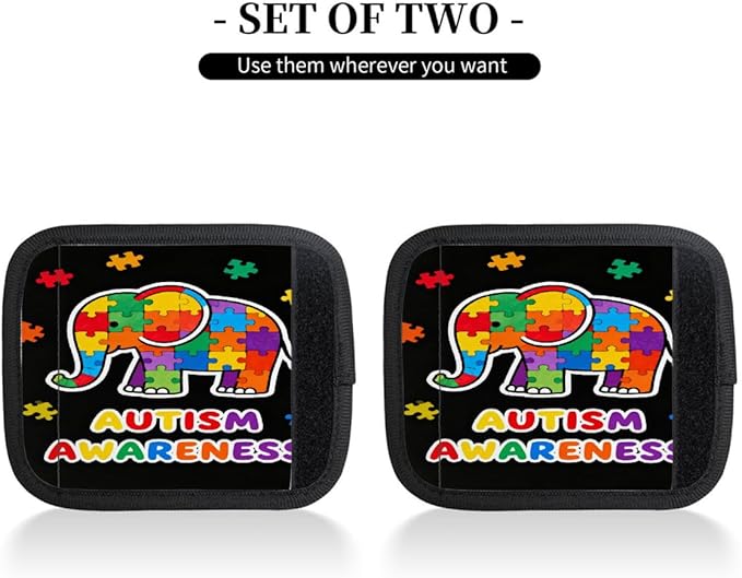 2 Pack Luggage Handle Wrap with Travel Tags - Non-Slip Protective Cover Soft Handle Grips Covers for Suitcase(Colorful Puzzle Autism Elephant)