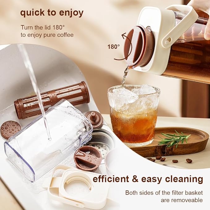 Cold Brew Coffee Maker, 1L/35oz Portable & Durable Iced Tea and Coffee Brewer, Leak-Proof & BPA-Free Kettle, Removable Mesh Filter For Easy Cleaning & Using, Dishwasher Safe, Space Saving.
