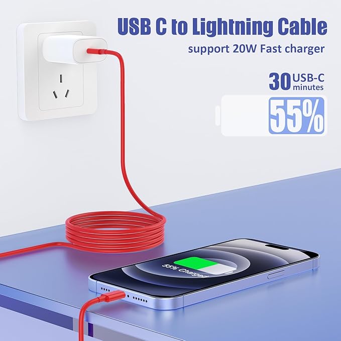4Pack USB C to Lightning Cable 6FT, Fast Charging Cord for iPhone 14, Replacement for Apple Original Charger Cable for iPhone 14 13 12 11 Pro 11 XS MAX XR 8 7 6s Plus-Red